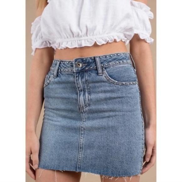 Revolve Pistola Anthropologie Studded Denim Skirt Chic Bohemian Luxury Summer - Picture 5 of 16